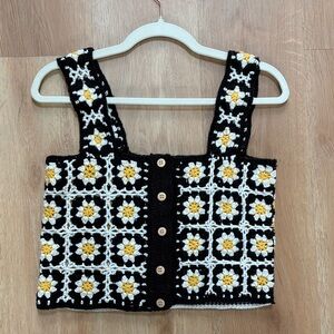 Crochet Floral Top - Black and Yellow sz small